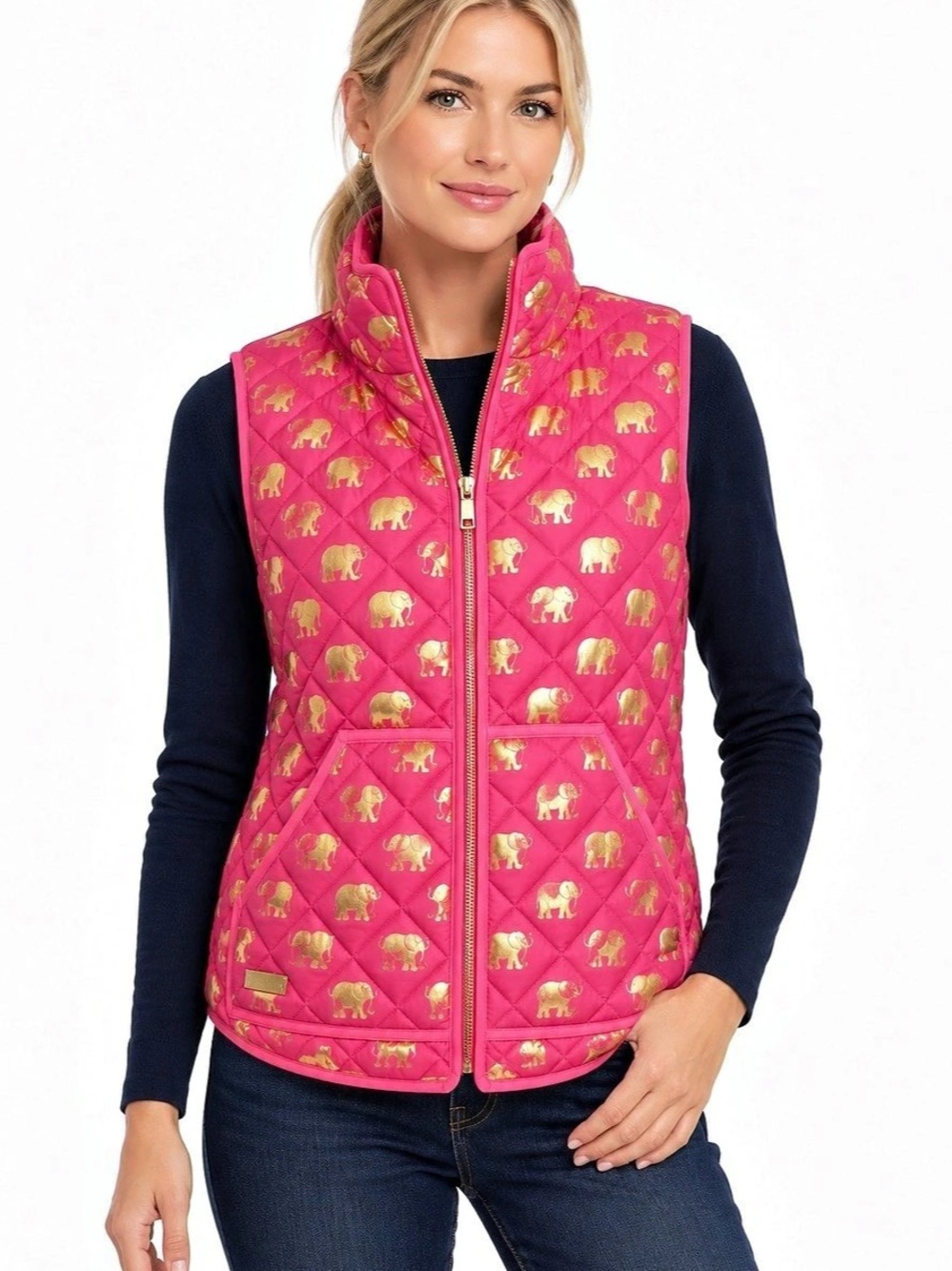 Simply Southern Hot Pink Gold Elephant Quilted Puffer Vest Size Small